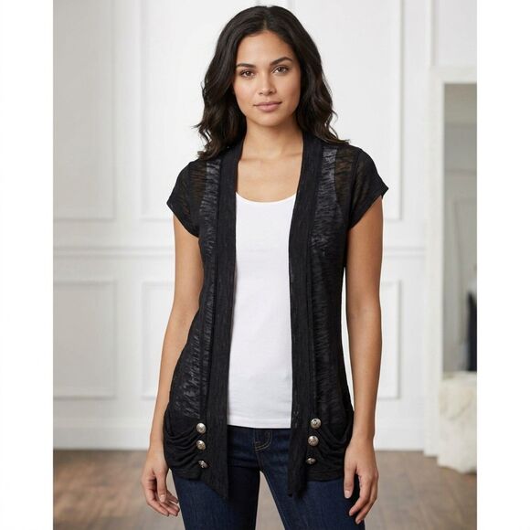 saywhat Jackets & Blazers - Saywhat? Womens S Black Sheer Knit Cap Sleeve Open Front Cardigan Vest USA Made